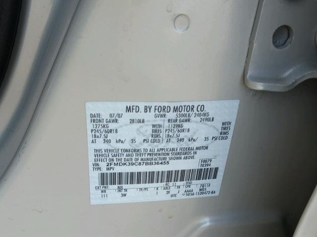 2FMDK39C87BB36455 - 2007 FORD EDGE SEL P WHITE photo 10