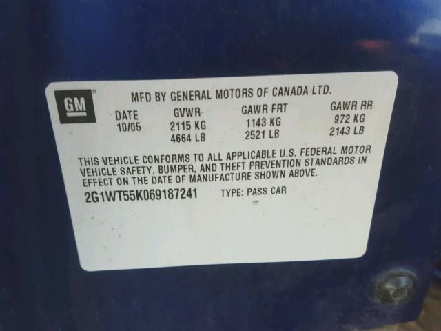 2G1WT55K069187241 - 2006 CHEVROLET IMPALA BLUE photo 10