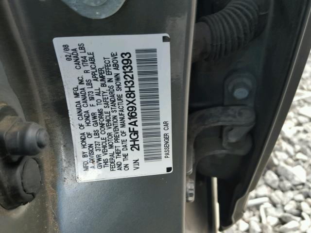 2HGFA169X8H321393 - 2008 HONDA CIVIC EXL ნაცრისფერი ფოტო 10