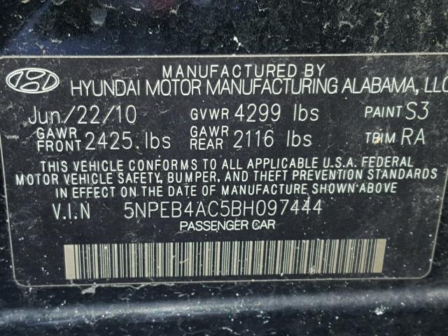 5NPEB4AC5BH097444 - 2011 HYUNDAI SONATA BLACK photo 10