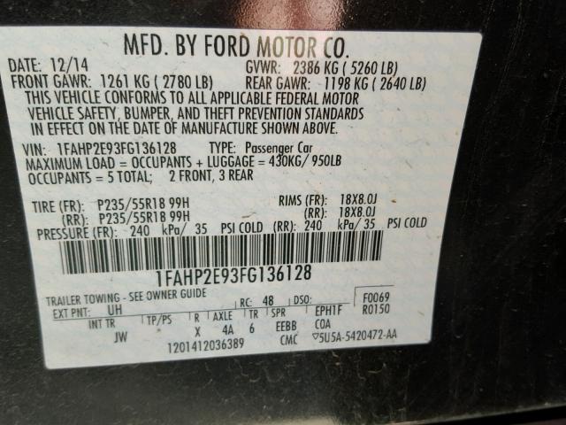 1FAHP2E93FG136128 - 2015 FORD TAURUS SEL BLACK photo 10