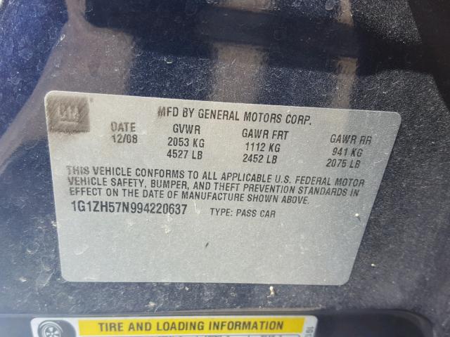 1G1ZH57N994220637 - 2009 CHEVROLET MALIBU 1LT BLUE photo 10