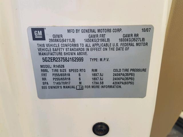 5GZER23758J162999 - 2008 SATURN OUTLOOK XR თეთრი ფოტო 10