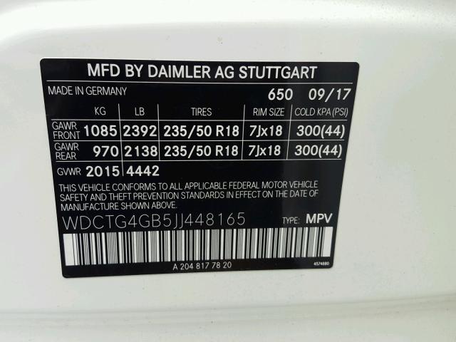 WDCTG4GB5JJ448165 - 2018 MERCEDES-BENZ GLA 250 4M WHITE photo 10