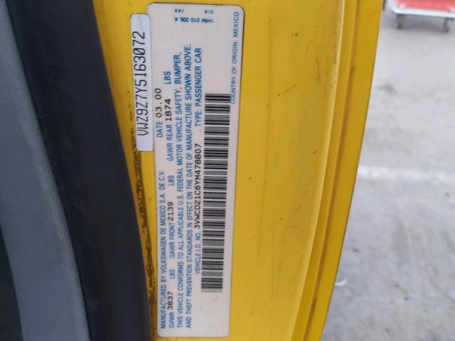 3VWCD21C6YM478807 - 2000 VOLKSWAGEN NEW BEETLE 黄色 照片 10