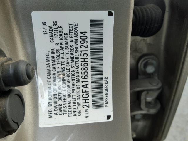 2HGFA16586H512904 - 2006 HONDA CIVIC LX BEIGE photo 10