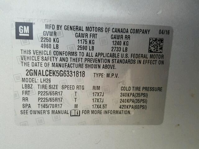 2GNALCEK5G6331818 - 2016 CHEVROLET EQUINOX LT SILVER photo 10