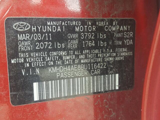 KMHDH4AE8BU116422 - 2011 HYUNDAI ELANTRA RED photo 10