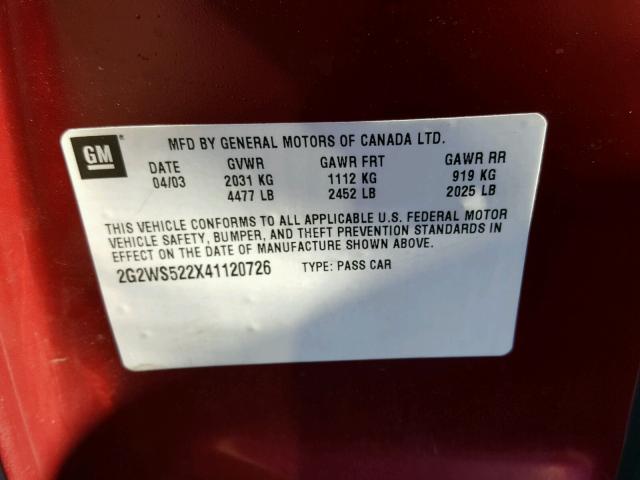 2G2WS522X41120726 - 2004 PONTIAC GRAND PRIX RED photo 10