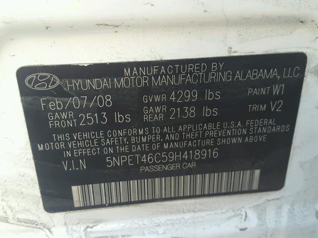 5NPET46C59H418916 - 2009 HYUNDAI SONATA GLS WHITE photo 10