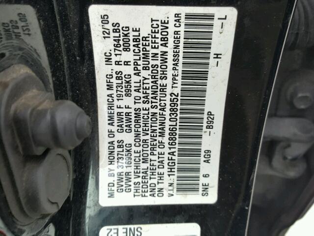 1HGFA16886L038952 - 2006 HONDA CIVIC EX შავი ფოტო 10