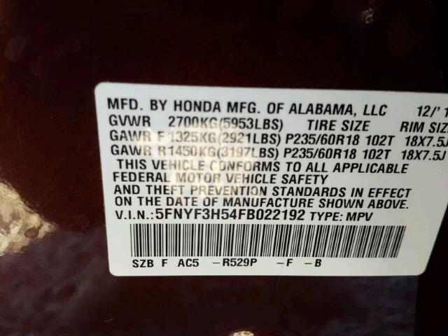 5FNYF3H54FB022192 - 2015 HONDA PILOT MAROON photo 10