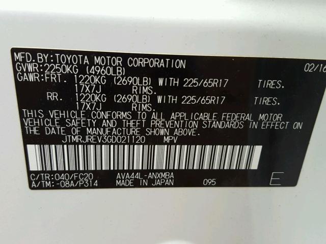 JTMRJREV3GD021120 - 2016 TOYOTA RAV4 HV WHITE photo 10