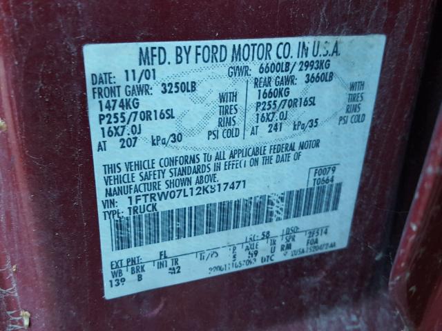 1FTRW07L12KB17471 - 2002 FORD F150 SUPER MAROON photo 10