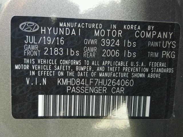 KMHD84LF7HU264060 - 2017 HYUNDAI ELANTRA SE GRAY photo 10