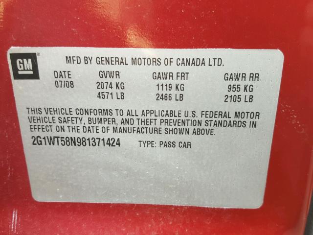 2G1WT58N981371424 - 2008 CHEVROLET IMPALA BURGUNDY photo 10