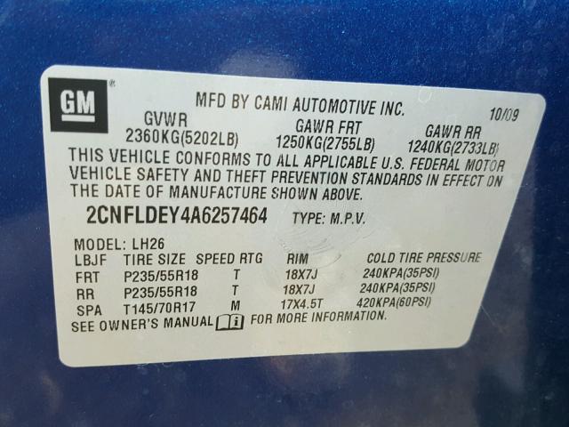 2CNFLDEY4A6257464 - 2010 CHEVROLET EQUINOX LT BLUE photo 10