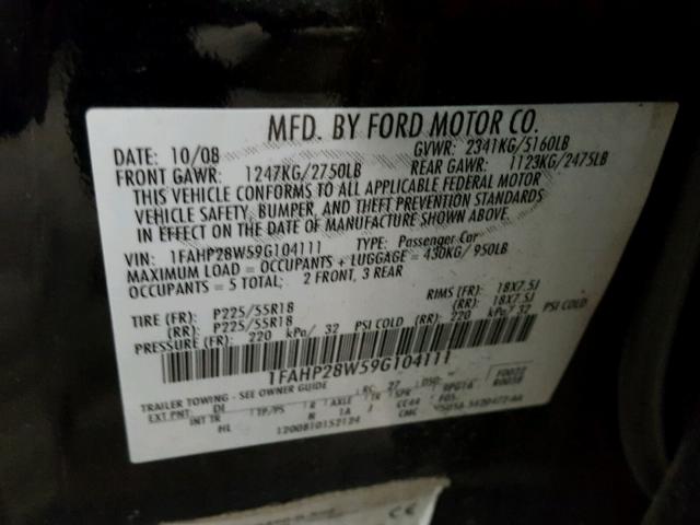 1FAHP28W59G104111 - 2009 FORD TAURUS LIM BLUE photo 10