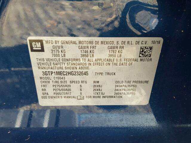 3GTP1MEC2HG232645 - 2017 GMC SIERRA C15 BLUE photo 10