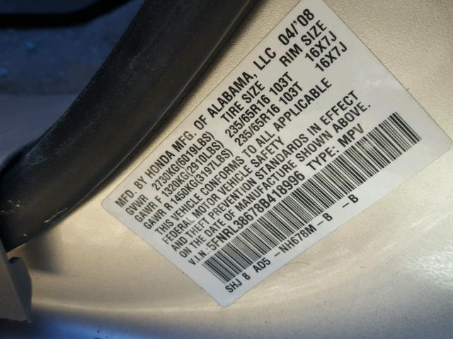 5FNRL38678B418996 - 2008 HONDA ODYSSEY EX SILVER photo 10