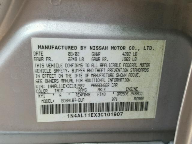 1N4AL11EX3C101907 - 2003 NISSAN ALTIMA BAS SILVER photo 10