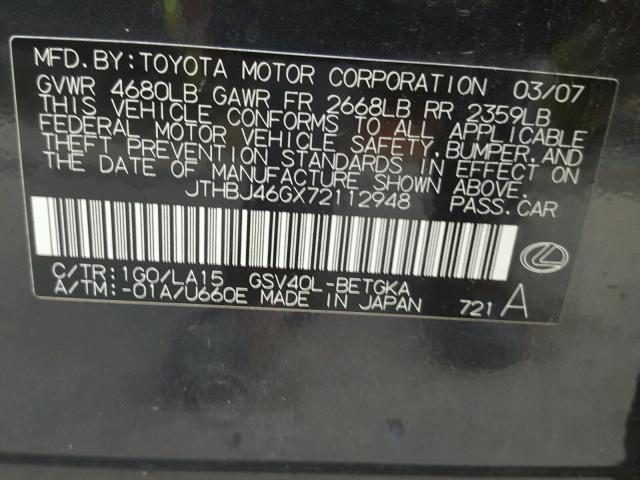 JTHBJ46GX72112948 - 2007 LEXUS ES 350 CHARCOAL photo 10