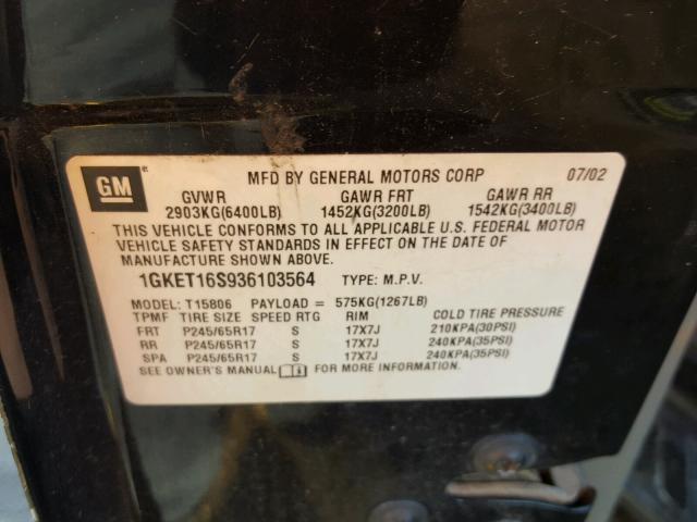 1GKET16S936103564 - 2003 GMC ENVOY BLACK photo 10