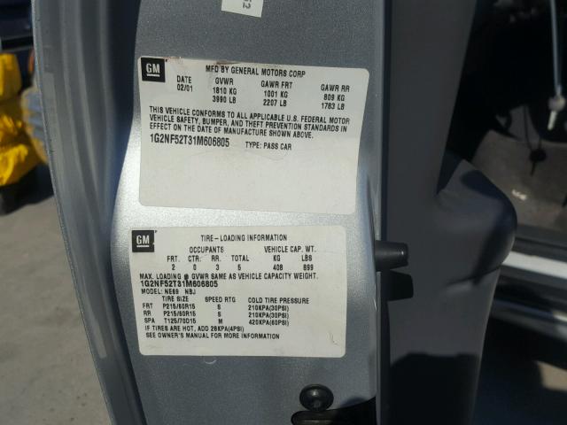 1G2NF52T31M606805 - 2001 PONTIAC GRAND AM S Gümüş foto 10