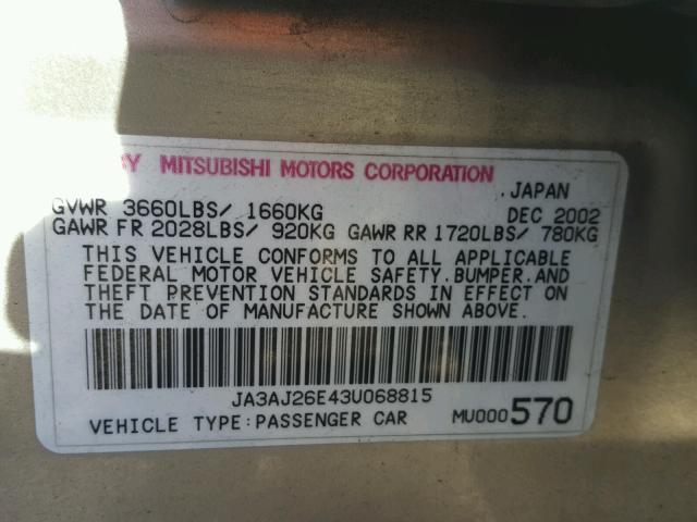 JA3AJ26E43U068815 - 2003 MITSUBISHI LANCER ES BEIGE photo 10