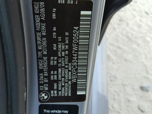 WBXPC93447WF00524 - 2007 BMW X3 3.0SI GRAY photo 10