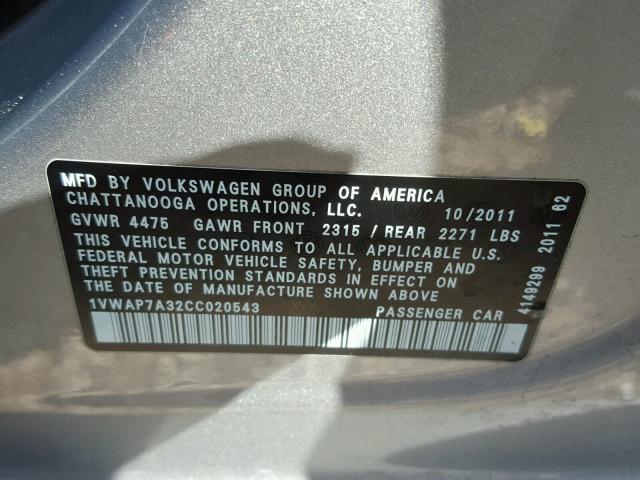 1VWAP7A32CC020543 - 2012 VOLKSWAGEN PASSAT SILVER photo 10