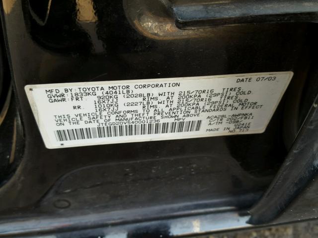 JTEGD20V540001236 - 2004 TOYOTA RAV4 BLACK photo 10