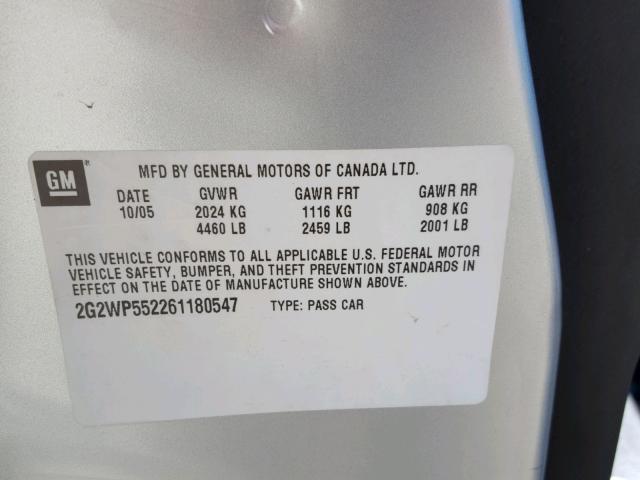 2G2WP552261180547 - 2006 PONTIAC GRAND PRIX SILVER photo 10