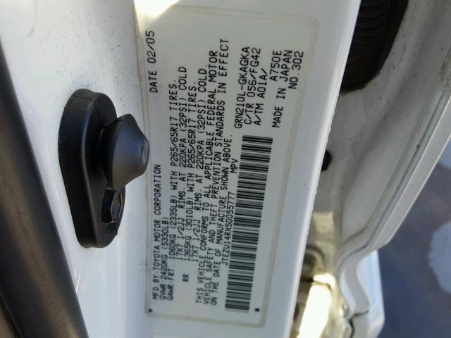 JTEZU14RX50055777 - 2005 TOYOTA 4RUNNER WHITE photo 10