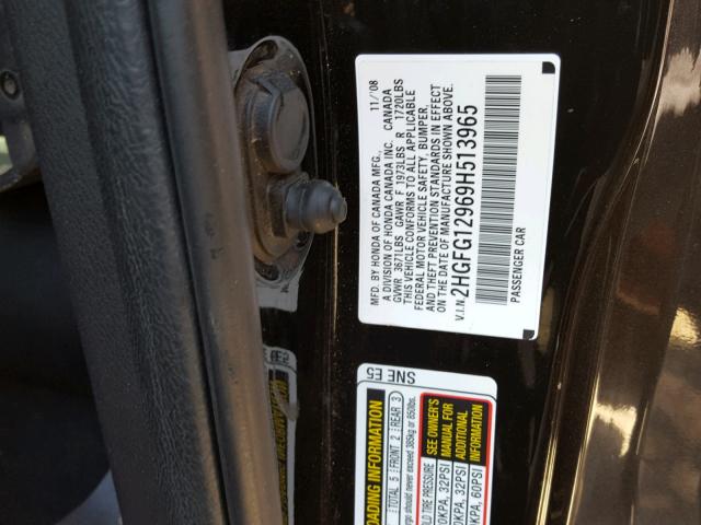 2HGFG12969H513965 - 2009 HONDA CIVIC EXL BLACK photo 10