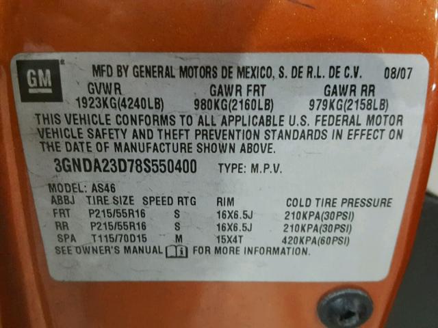 3GNDA23D78S550400 - 2008 CHEVROLET HHR LT ORANGE photo 10