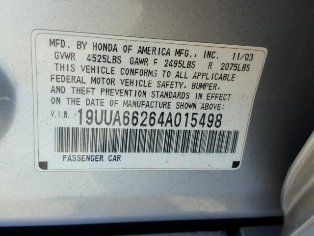 19UUA66264A015498 - 2004 ACURA TL SILVER photo 10