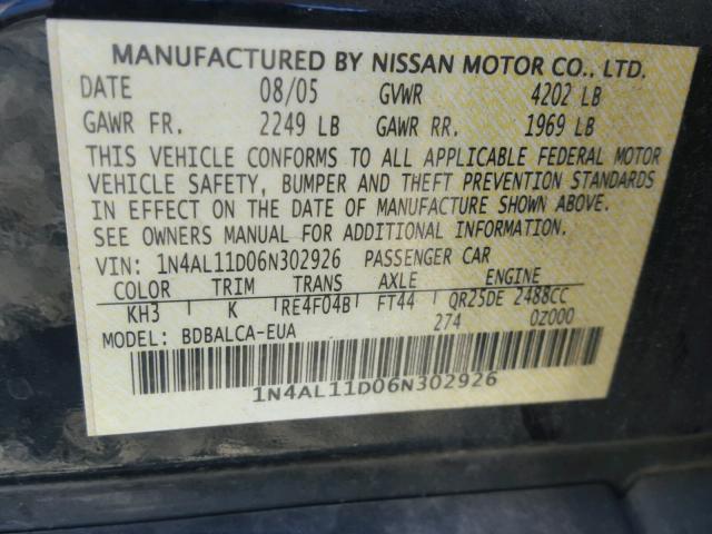 1N4AL11D06N302926 - 2006 NISSAN ALTIMA S BLACK photo 10