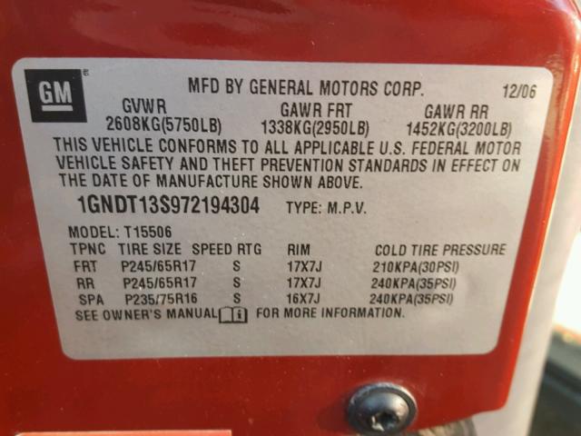 1GNDT13S972194304 - 2007 CHEVROLET TRAILBLAZE RED photo 10