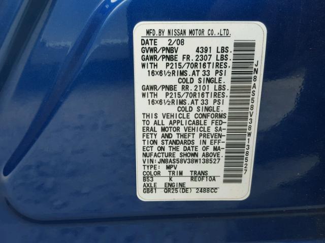 JN8AS58V38W138527 - 2008 NISSAN ROGUE BLUE photo 10