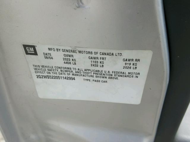 2G2WS522051142994 - 2005 PONTIAC GRAND PRIX Сріблястий фото 10