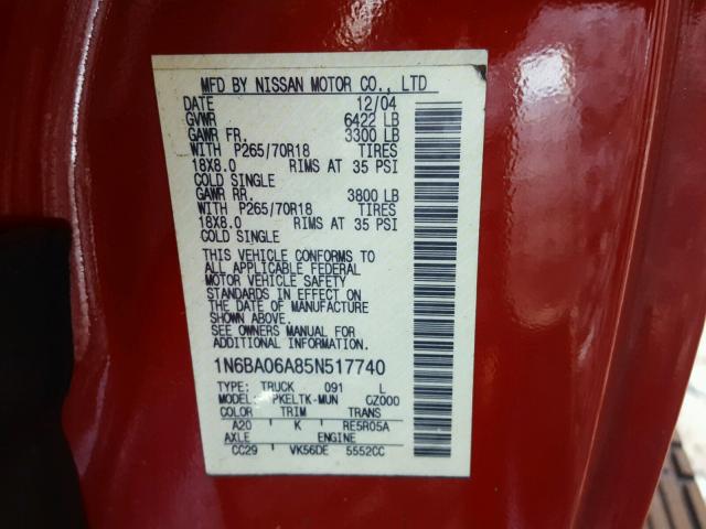 1N6BA06A85N517740 - 2005 NISSAN TITAN RED photo 10