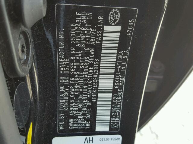 4T1BK1EBXGU228458 - 2016 TOYOTA AVALON XLE BLACK photo 10