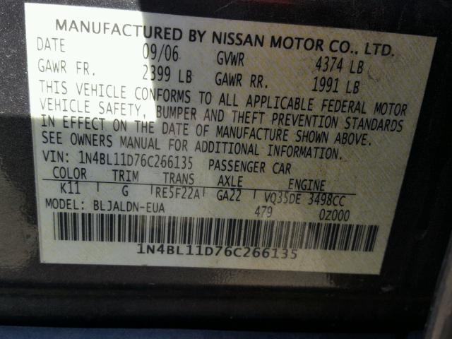 1N4BL11D76C266135 - 2006 NISSAN ALTIMA GRAY photo 10