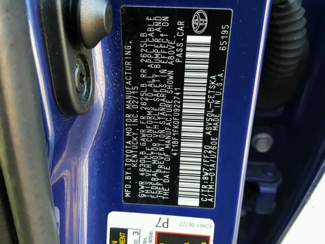 4T1BF1FK0FU922741 - 2015 TOYOTA CAMRY LE ლურჯი ფოტო 10