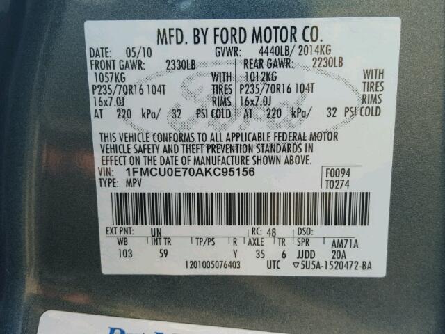 1FMCU0E70AKC95156 - 2010 FORD ESCAPE LIM BLUE photo 10