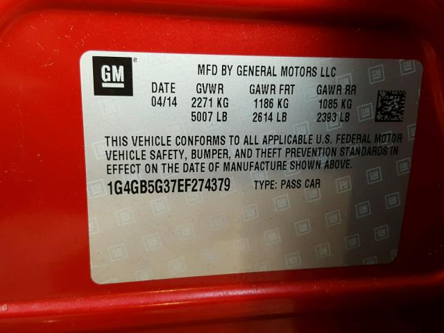 1G4GB5G37EF274379 - 2014 BUICK LACROSSE RED photo 10