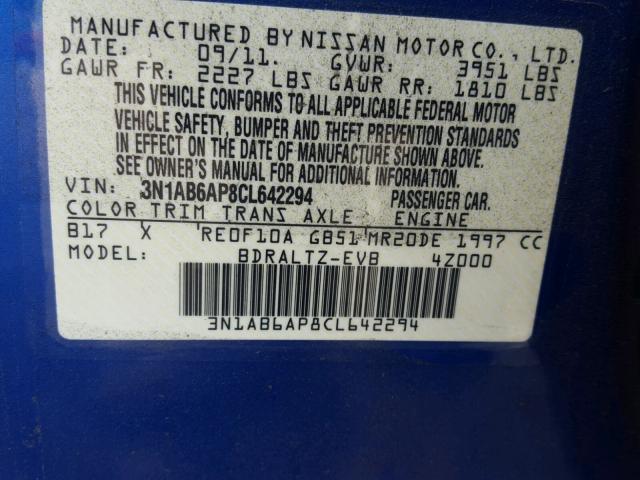 3N1AB6AP8CL642294 - 2012 NISSAN SENTRA 2.0 BLUE photo 10