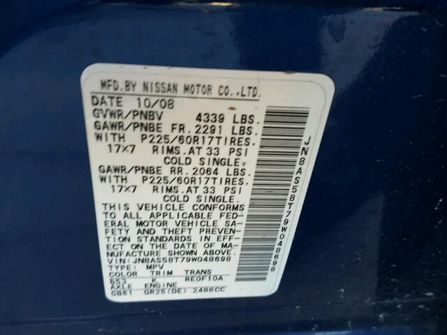 JN8AS58T79W048698 - 2009 NISSAN ROGUE S BLUE photo 10