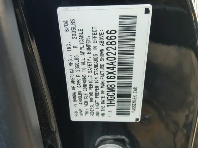 1HGCM816X4A022866 - 2004 HONDA ACCORD EX BLACK photo 10